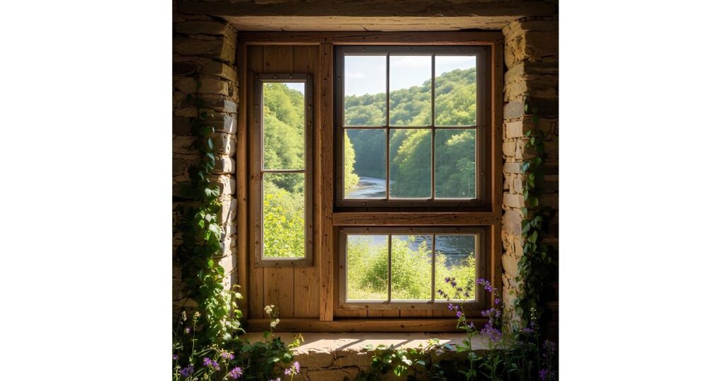 Asymmetry brings a fresh, modern twist to rustic window designs