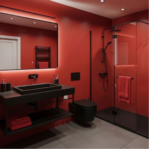Black Fixtures with Red Walls Bathroom