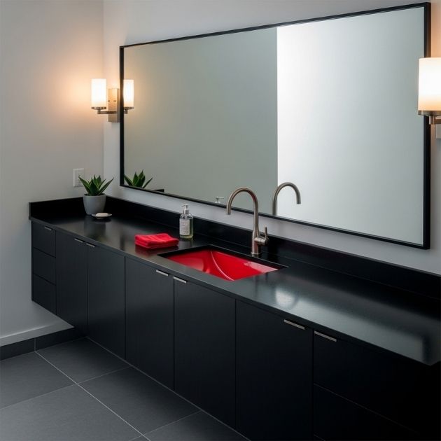 Black Vanity with Red Sink Bathroom