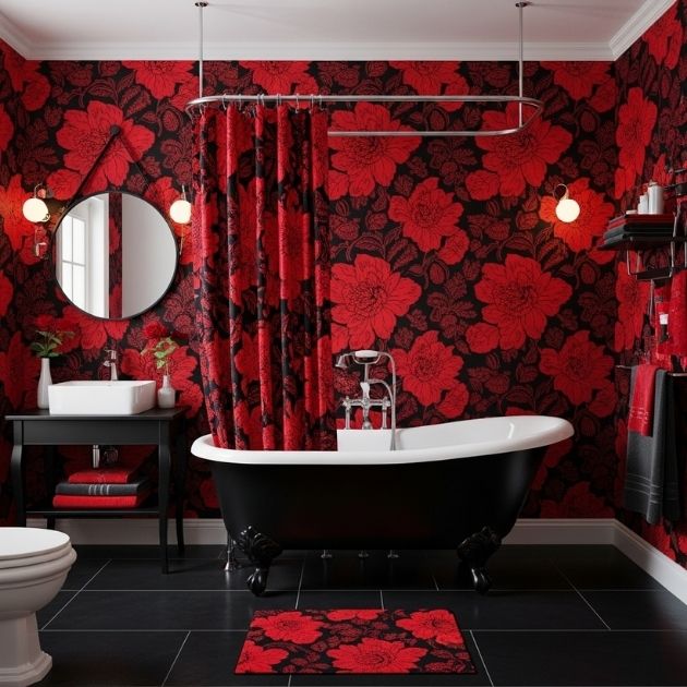 Black and Red Floral Motif Bathroom
