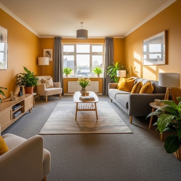 Brighten up your space with mustard walls that bring warmth and joy alongside grey carpets.