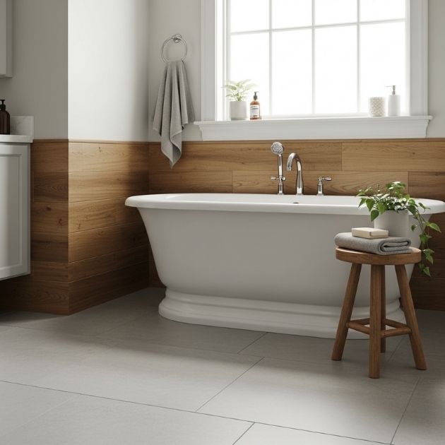 Bring warmth into your bathroom with wood-look tiles as baseboards