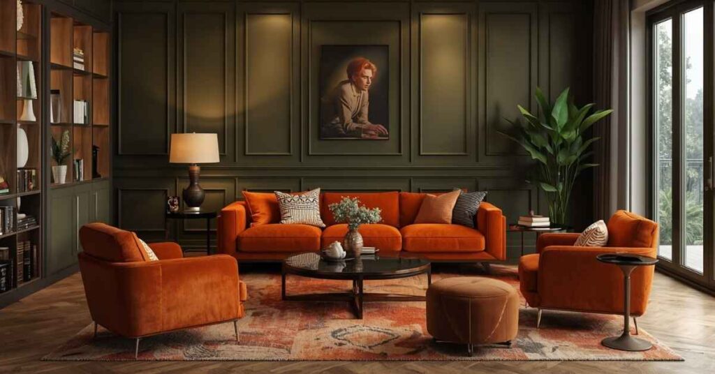 Burnt Orange and Green Living Room