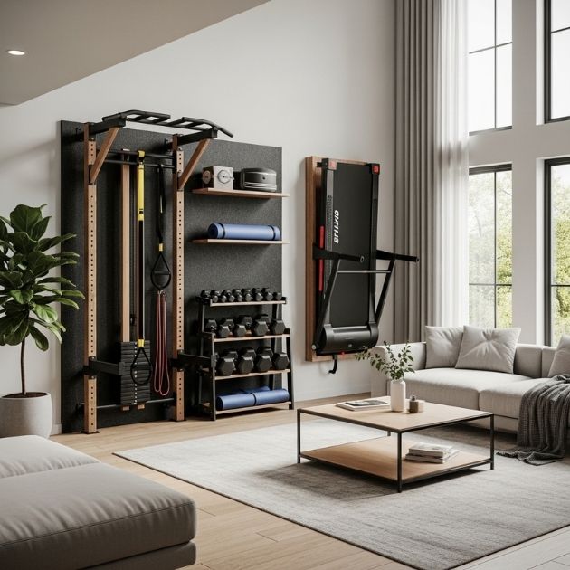Clever Use of Vertical Space Living Room Gym Combo
