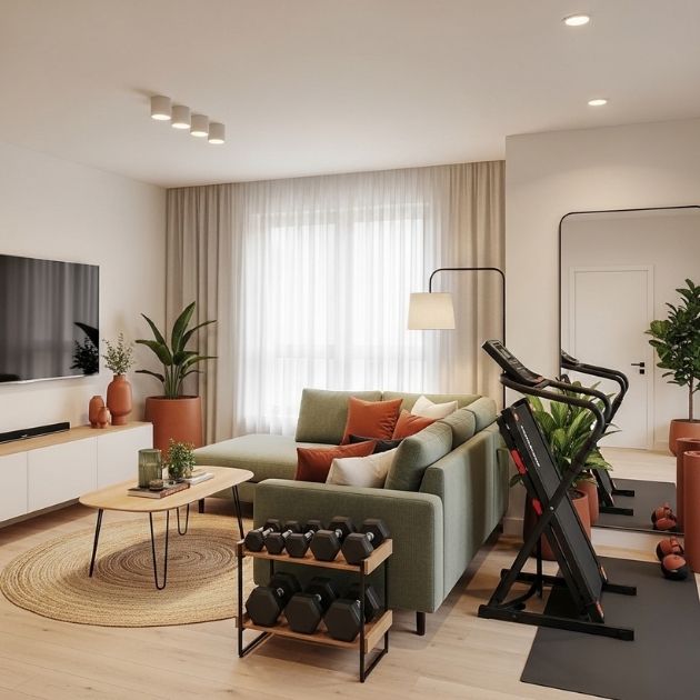 Color Coordinated Decor Living Room Gym Combo