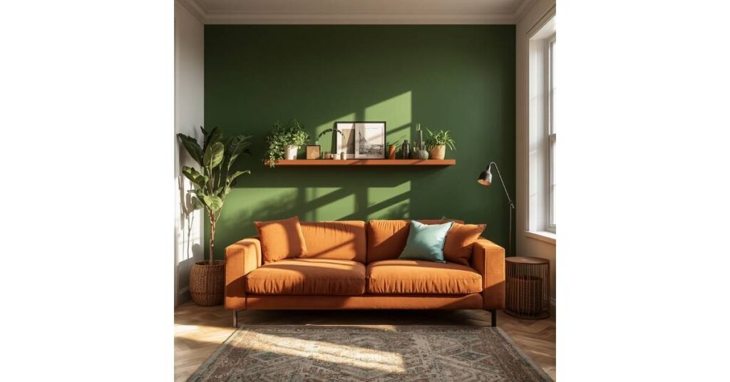 Cozy Modern Living Room with Green Accent Wall and Rust Sofa