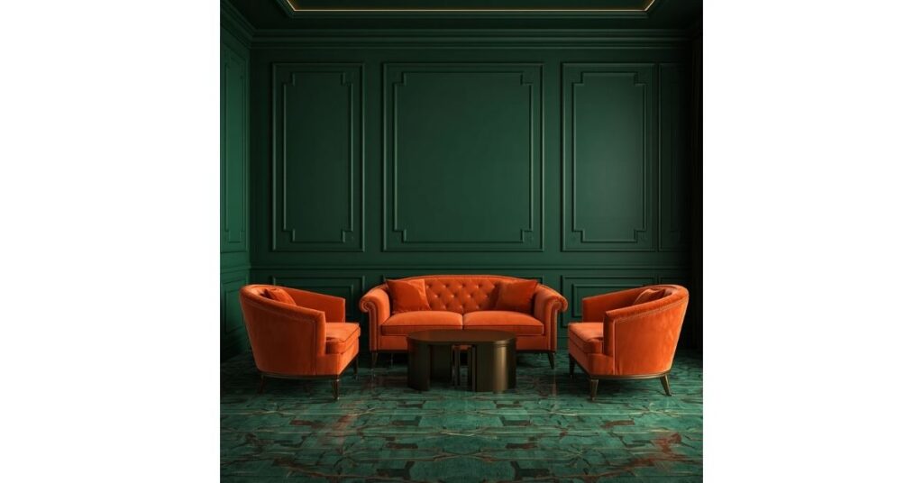Deep Green Walls with Burnt Orange Sofas