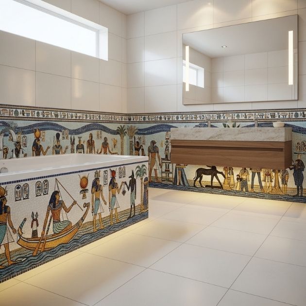 Elevate your bathroom with mosaic pattern tile baseboards that tell a story.