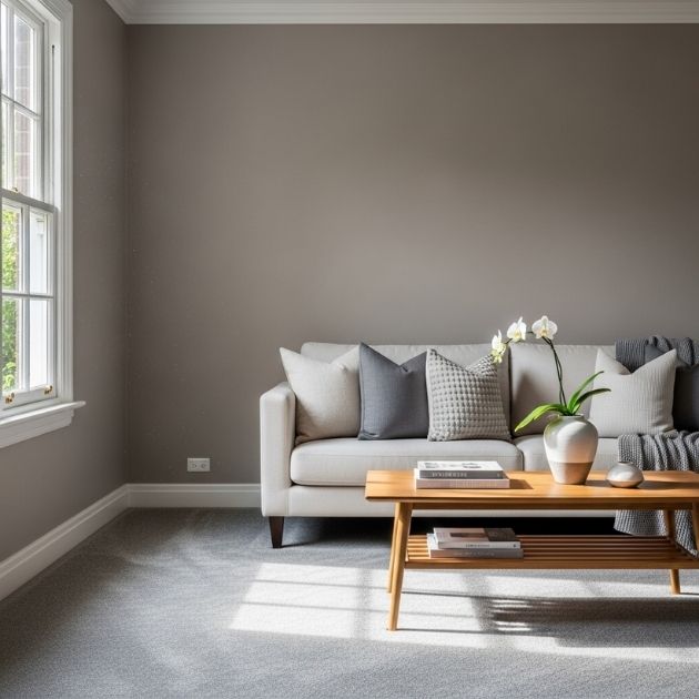 Experience tranquility with taupe walls that harmonize perfectly with grey carpets