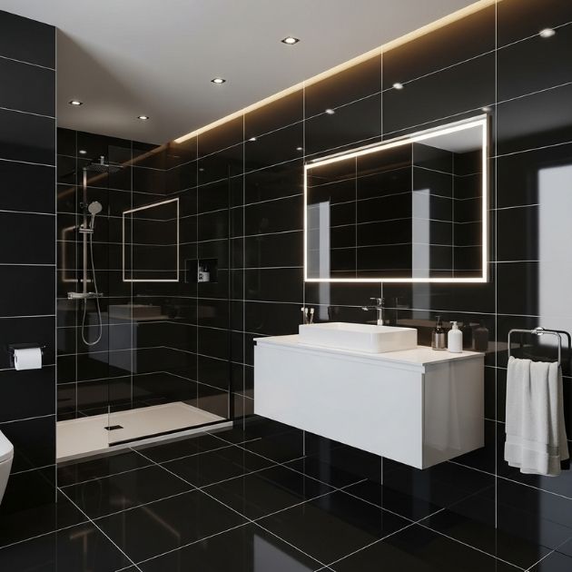 Glossy Black Tiles Bathroom