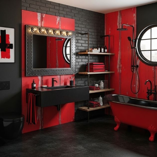 Industrial Black and Red Bathroom