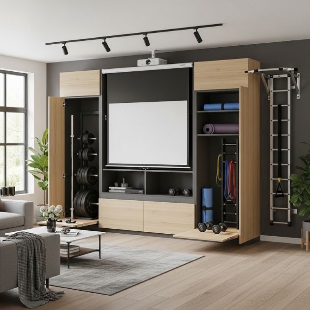 Innovative Wall Storage Living Room Gym Combo