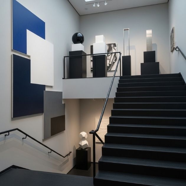 Minimalist Art Display on two sides of Black Stairs