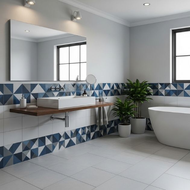 Modernize your space with geometric tile baseboards that make a statement bathroom
