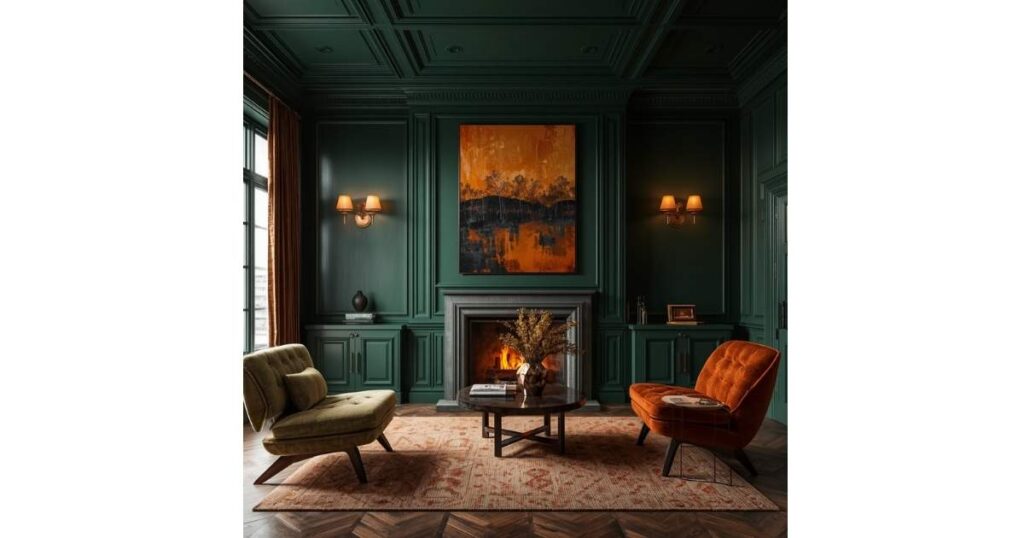 Moody Green Paneling with Burnt Orange Art