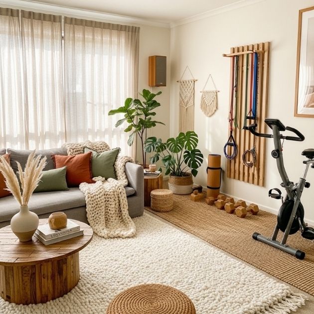 Natural Materials for Warmth Living Room Gym Combo