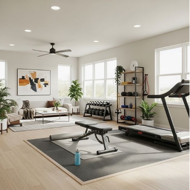 Open Floor Plan Living Room Gym Combo