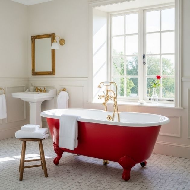 Red Clawfoot Tub Bathroom