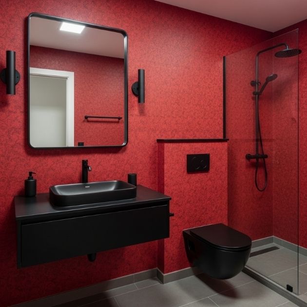 Red Wallpaper with Black Fixtures Bathroom