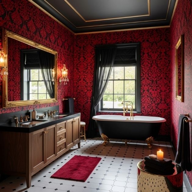 Red and Black Patterned Wallpaper Bathroom