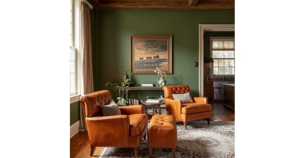Rustic Charm with Green Walls and Orange Leather Chairs