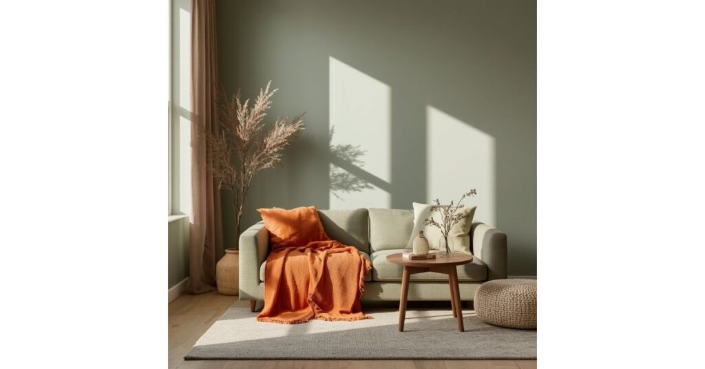 Sage Green Foundations with Bold Orange Throws