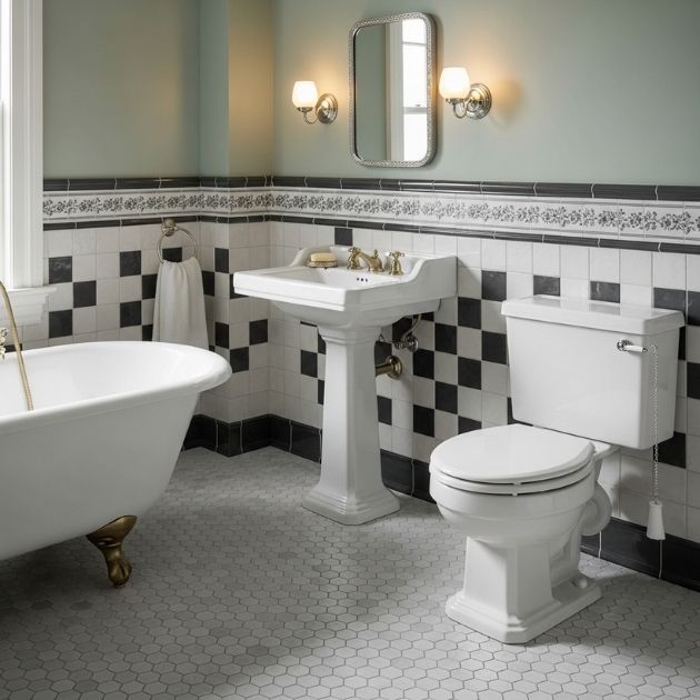 Step back in time with vintage-style tile baseboards that add classic charm bathroom