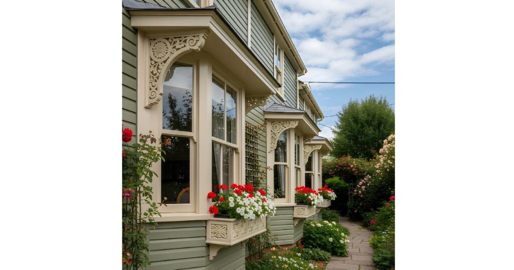 Victorian elegance meets rustic charm with decorative corbels.