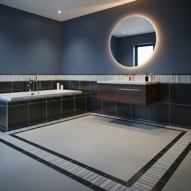 bold look with varying height tile baseboards that add dimension in bathroom