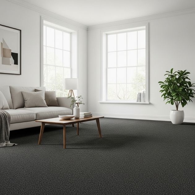 classic combo of dark grey carpet and crisp white walls.