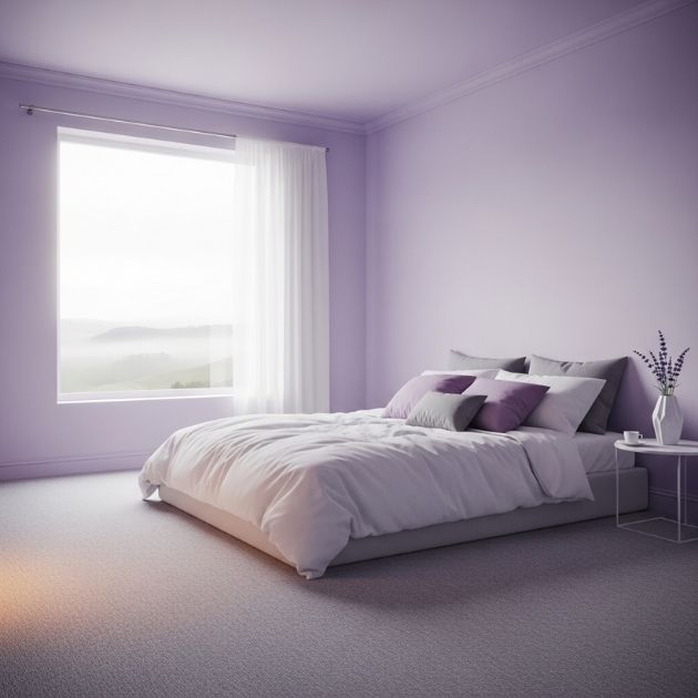 ethereal escape with lavender walls that bring a soft touch to grey carpets