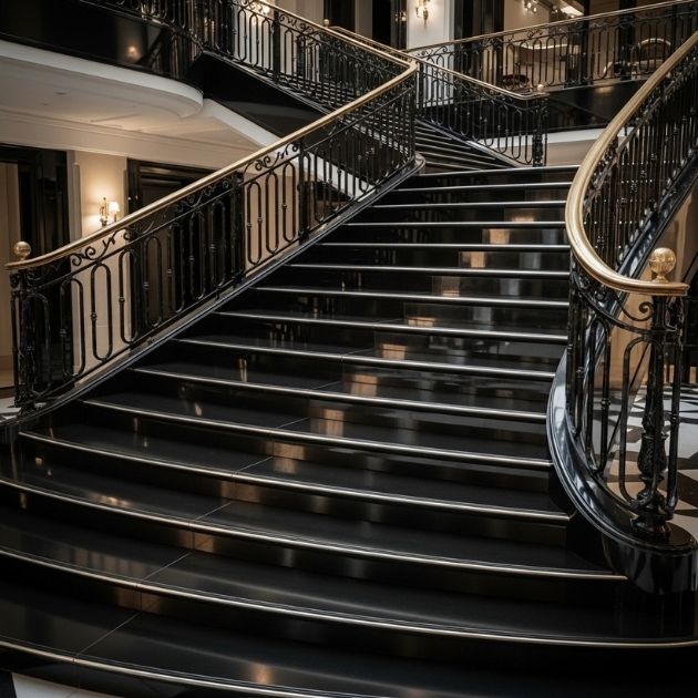 glossy finish on black stairs