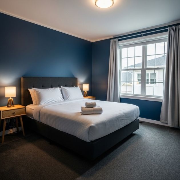 navy blue walls paired with a dark grey carpet
