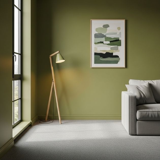 olive green walls that complement a grey carpet beautifully