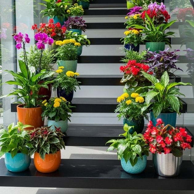 potted plants near your black stairs to introduce a refreshing pop of color