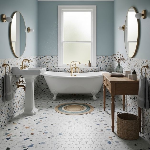 retro touch with terrazzo tile baseboards bathroom