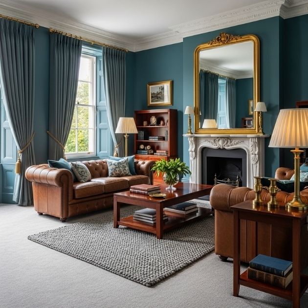 rich and timeless aesthetic with teal walls that enhance grey carpeted interiors.