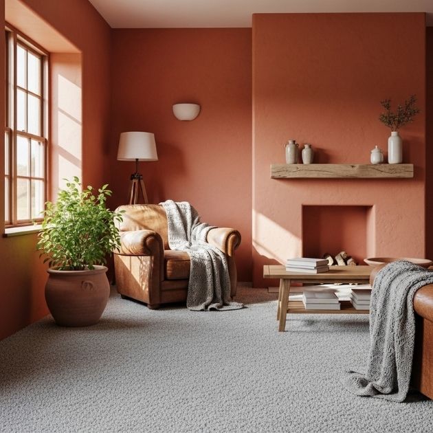 rustic warmth with terracotta walls that enhance the cozy appeal of grey carpets