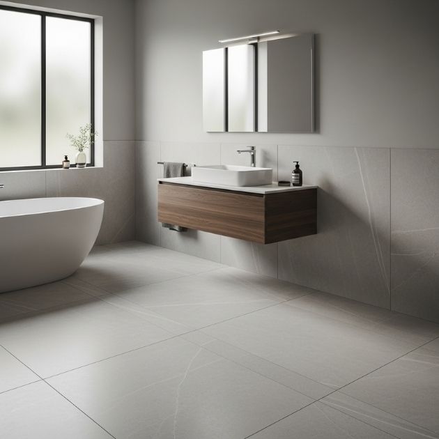 seamless bathroom design by matching your tile baseboards to your floor tiles.