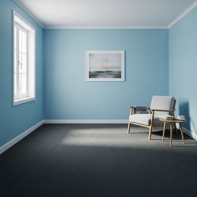sky blue walls with a dark grey carpet