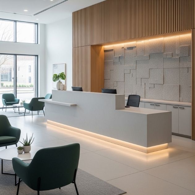 sleek reception desk keeps your lobby organized and efficient.