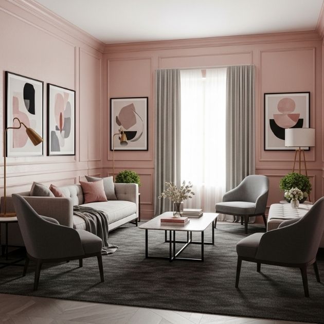 sophistication with blush pink walls that beautifully contrast a dark grey carpet