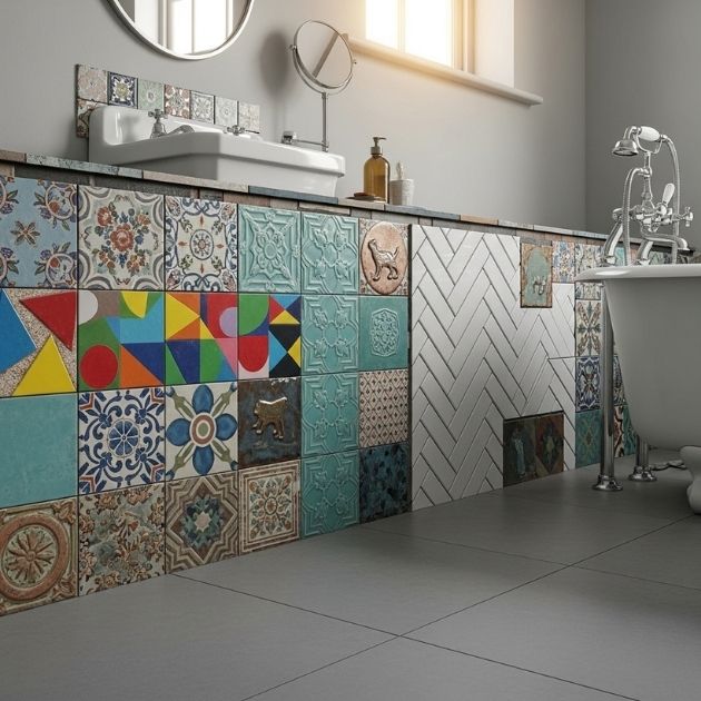 tile styles for an eclectic and playful baseboard design Bathroom