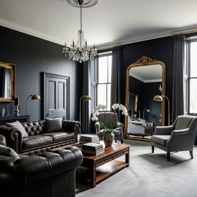 timeless elegance with black walls that add sophistication to grey carpets