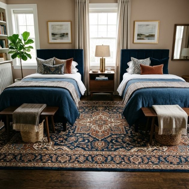 Anchor Twin Beds With One Oversized Rug