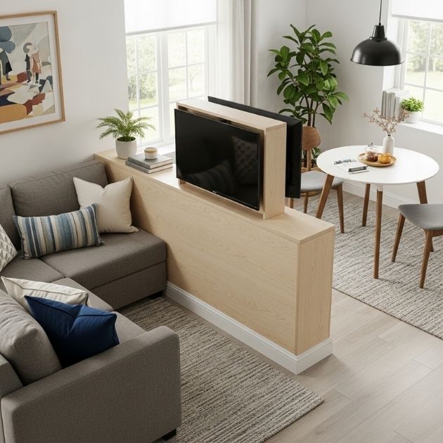 Half Wall Divider With a Pivoting TV Setup