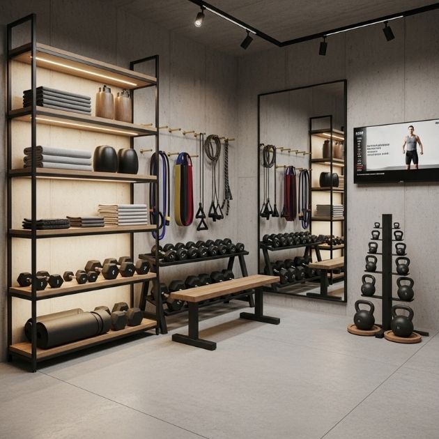 Maximize space with functional displays that bring style and order to your gym. #HomeOrganization #GymDesign #Efficiency