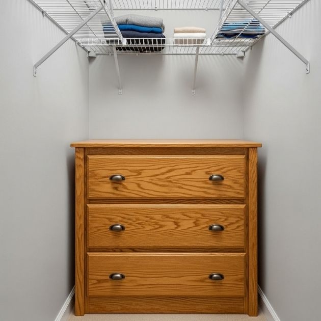 Slide In a Small Dresser Under Wire Shelves