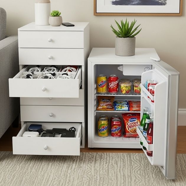 Small-space win: a mini fridge + slim drawers keeps snacks, cords, and clutter beautifully contained.